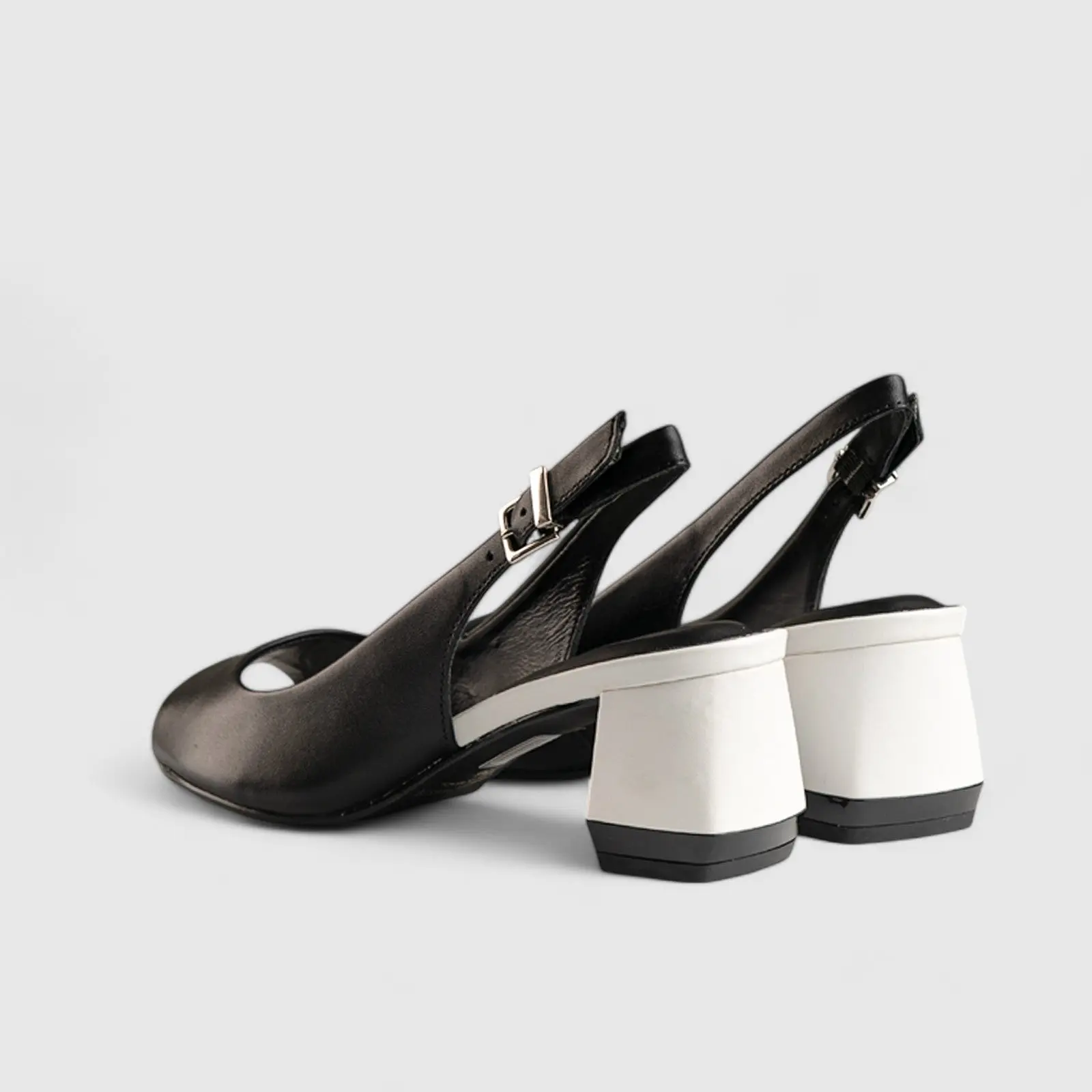 Block Heel Leather Sandal Black White 7059 - Image 3