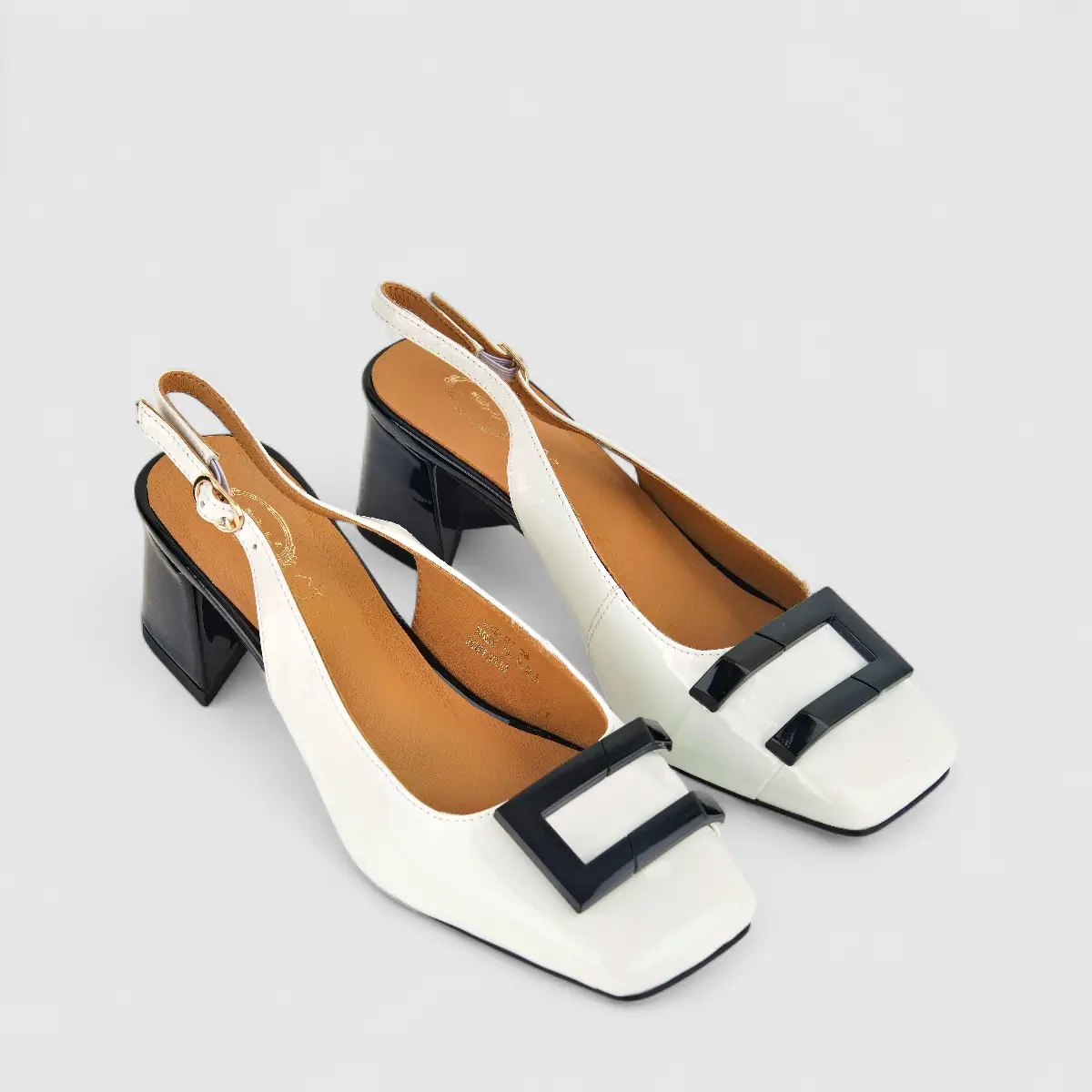 Bulbul Ladies Leather Block Heel LAR-07 White/Black - Image 2
