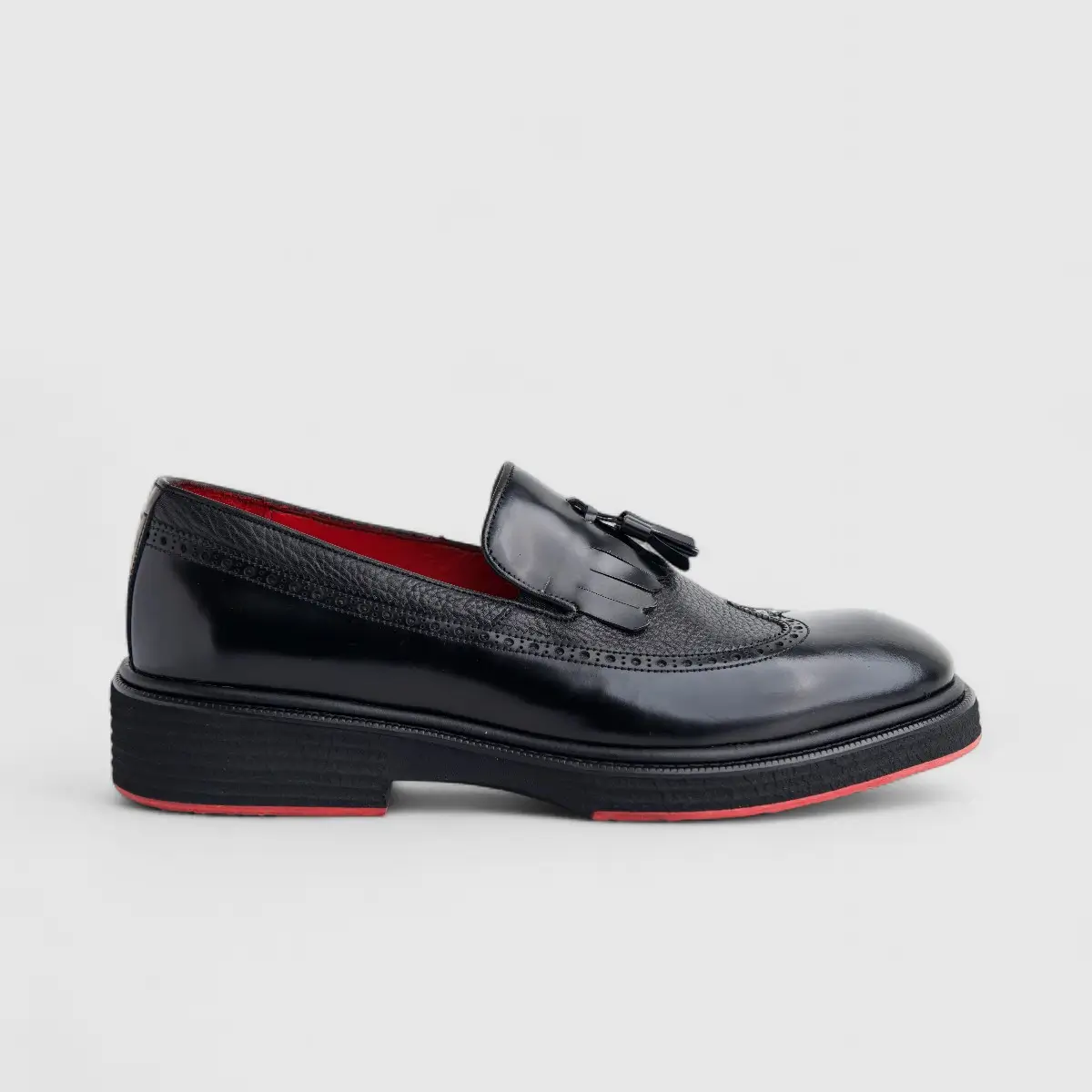 Formales Men's (UK4 TO UK12) Leather Chunky Sole Loafer With Brogue,Tassel And Fringe 0603 Black Combo FC142