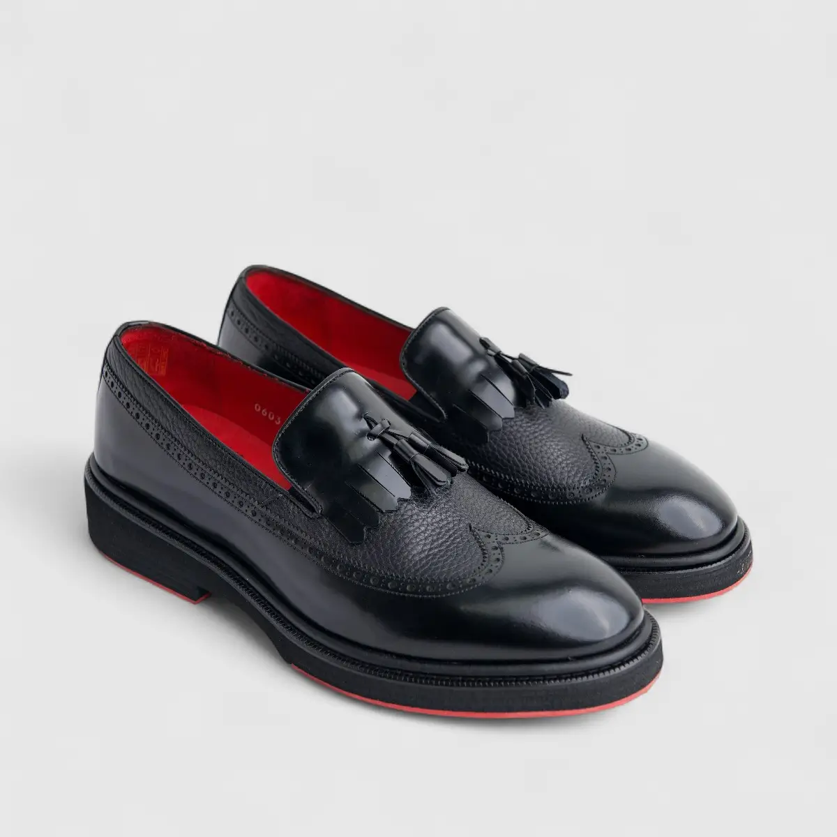Formales Men's (UK4 TO UK12) Leather Chunky Sole Loafer With Brogue,Tassel And Fringe 0603 Black Combo FC142 - Image 2