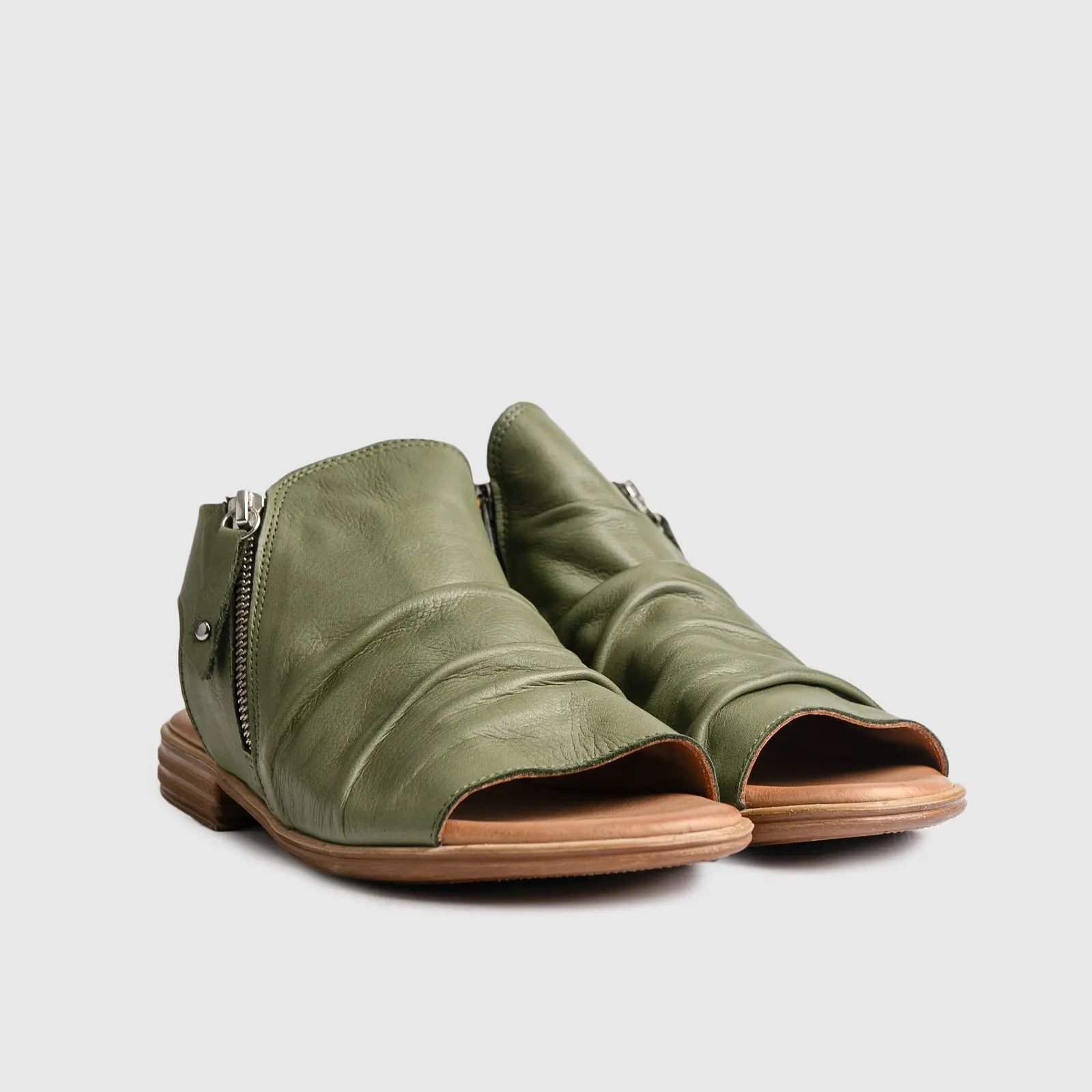 Leather Flat Comfort Sandals Olive 8541 - Image 2