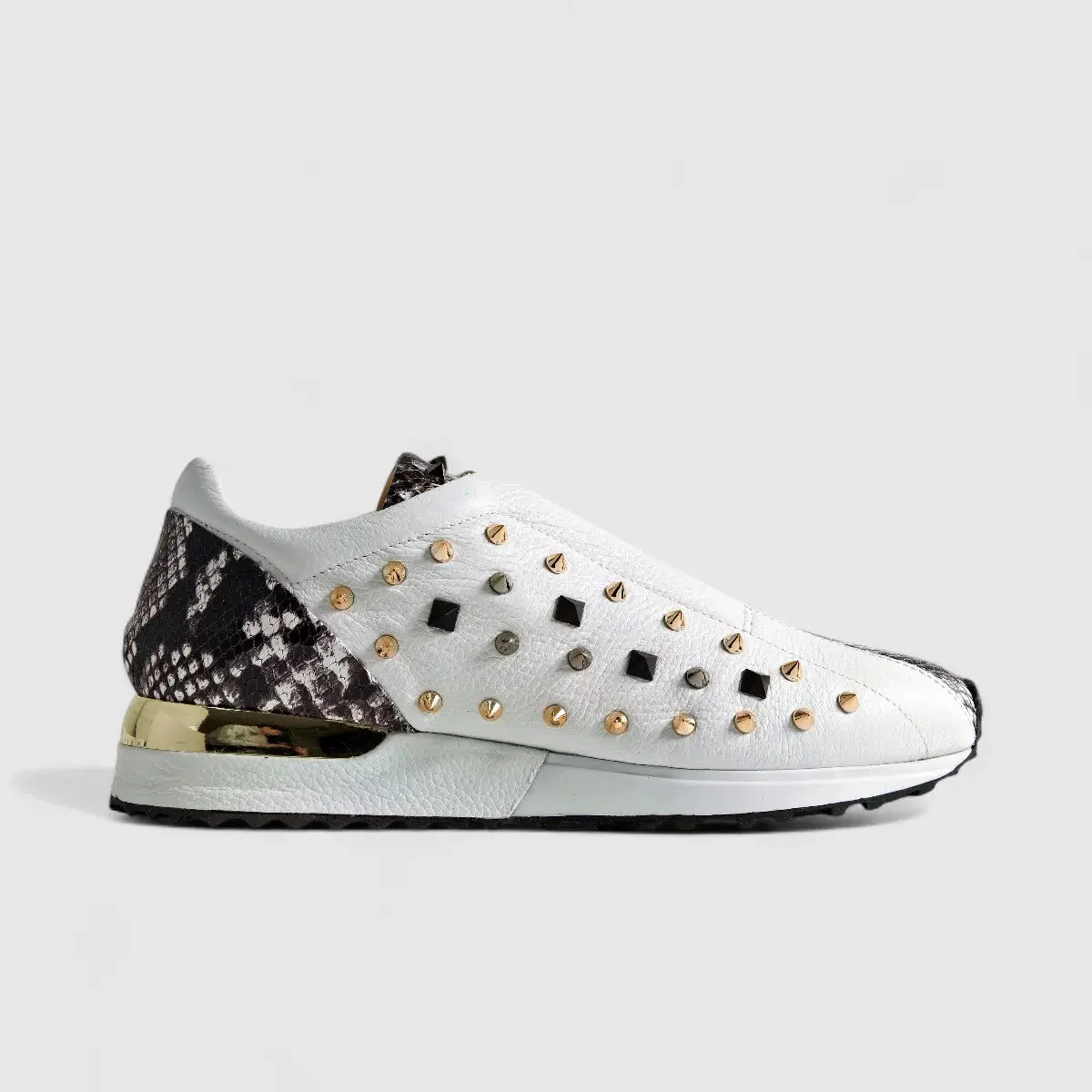 Poletto Ladies Leather Stud Sneaker White Snake 4257143