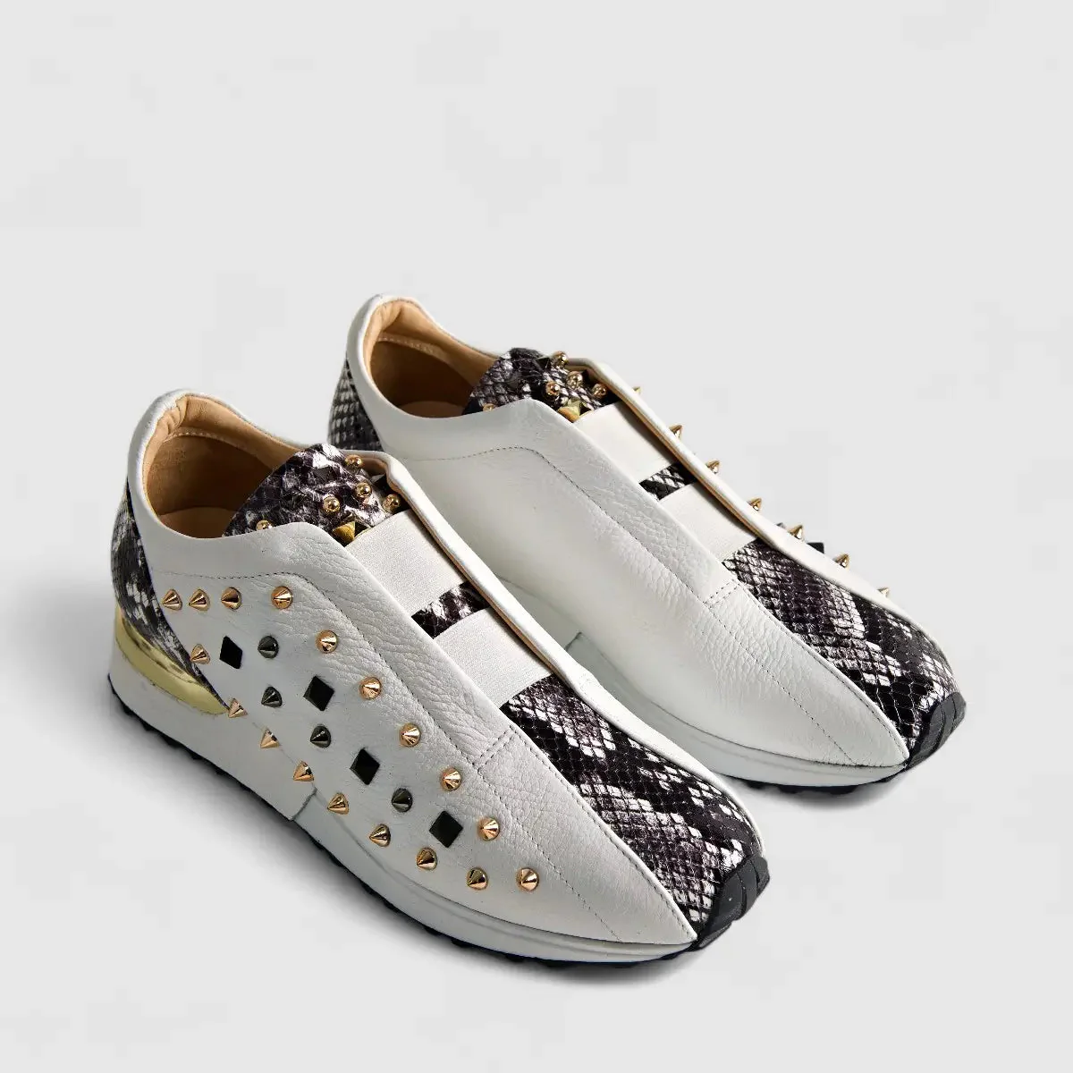 Poletto Ladies Leather Stud Sneaker White Snake 4257143 - Image 2