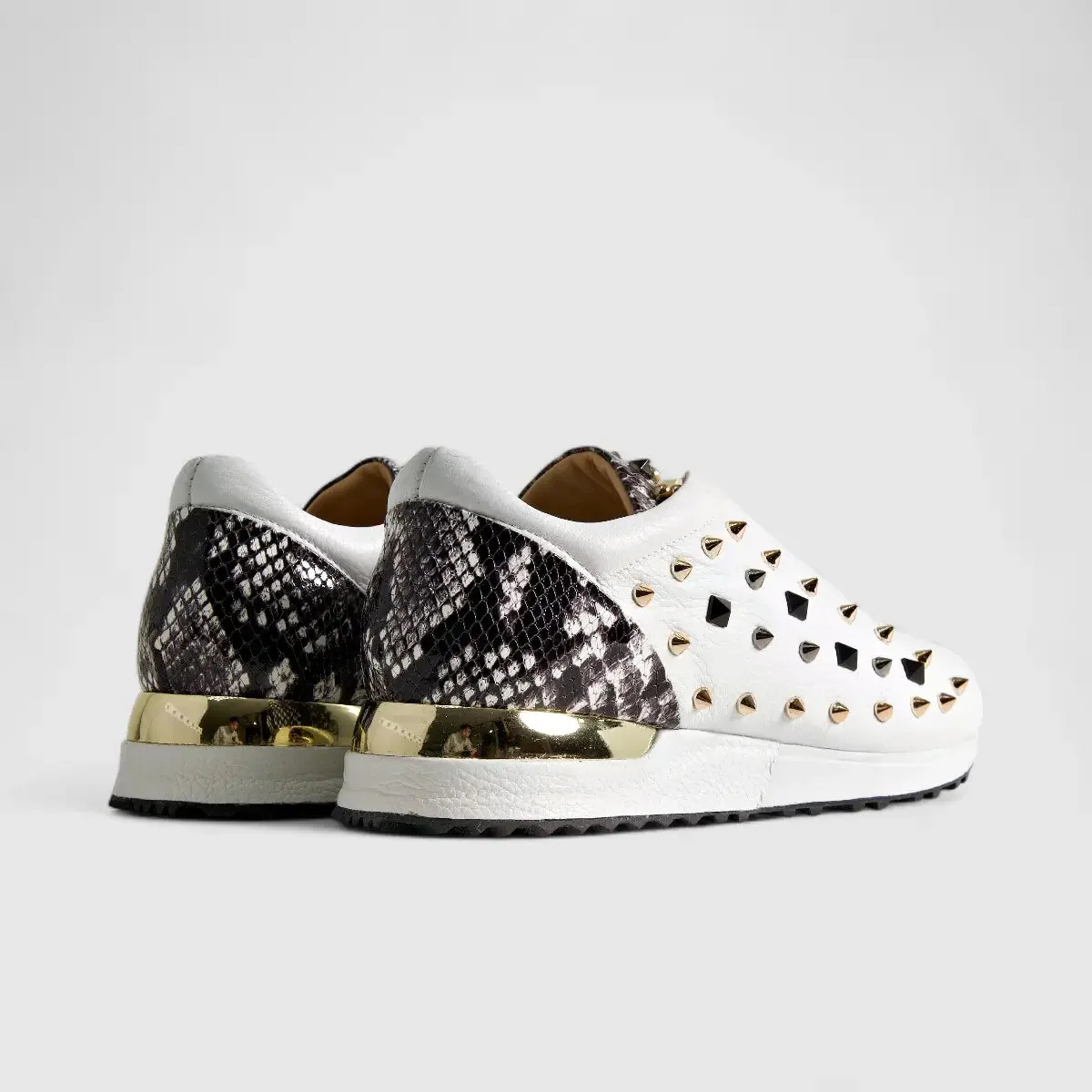 Poletto Ladies Leather Stud Sneaker White Snake 4257143 - Image 3